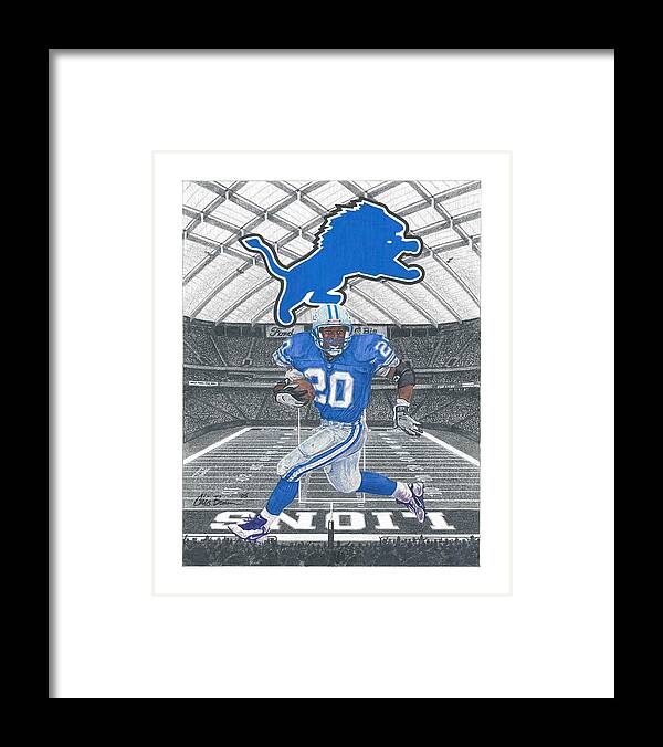 Detroit Lions Framed Print featuring the drawing Barry Sanders by Chris Brown