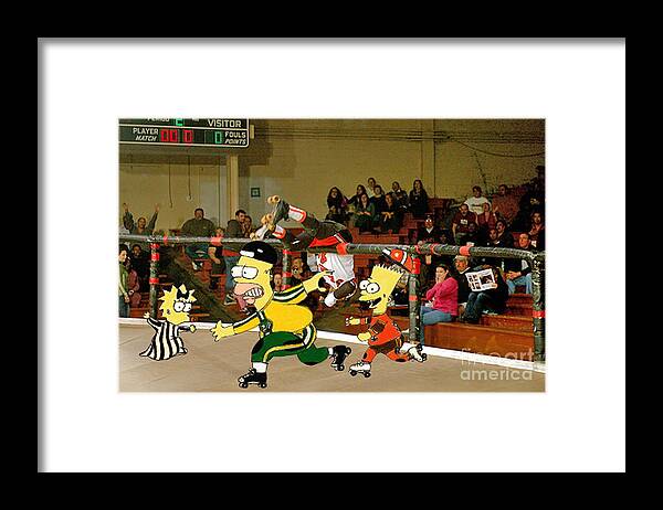 Jim Fitzpatrick Framed Print featuring the digital art Bart vs Homer Simpson at the Roller Derby by Jim Fitzpatrick