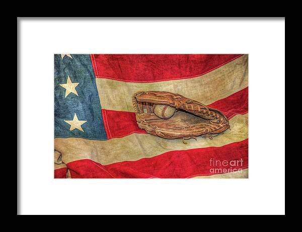 Baseball Glove And Ball On Us Flag Framed Print featuring the photograph Baseball Glove and Ball on US Flag by Randy Steele