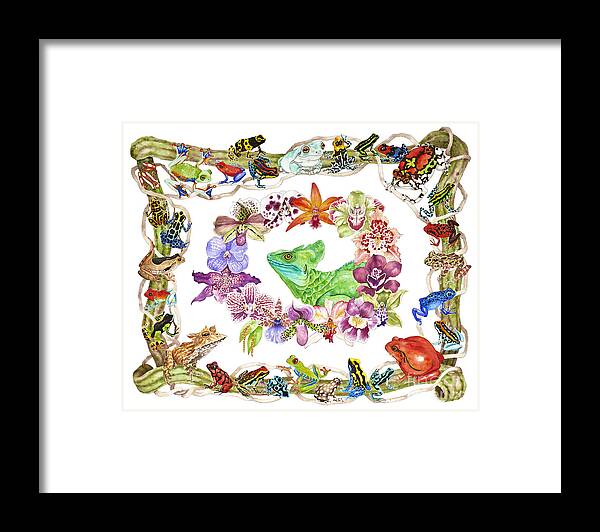 Frogs Framed Print featuring the painting Basilisk, Orchids, Frogs by Lucy Arnold