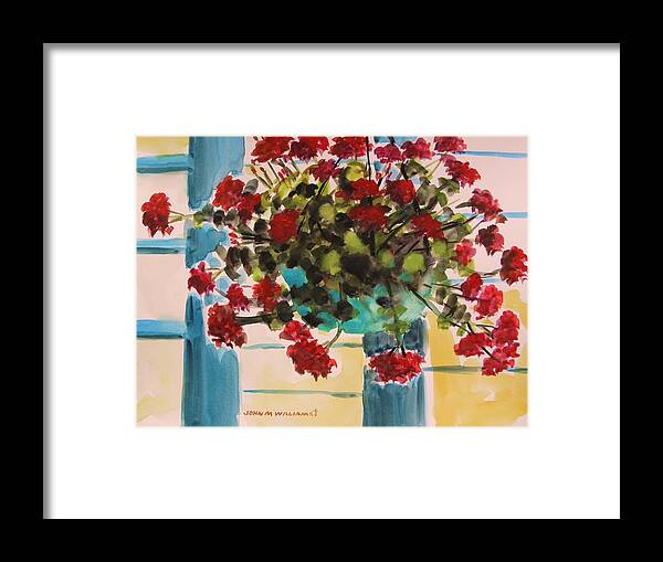Red Framed Print featuring the painting Basket of Geraniums by John Williams