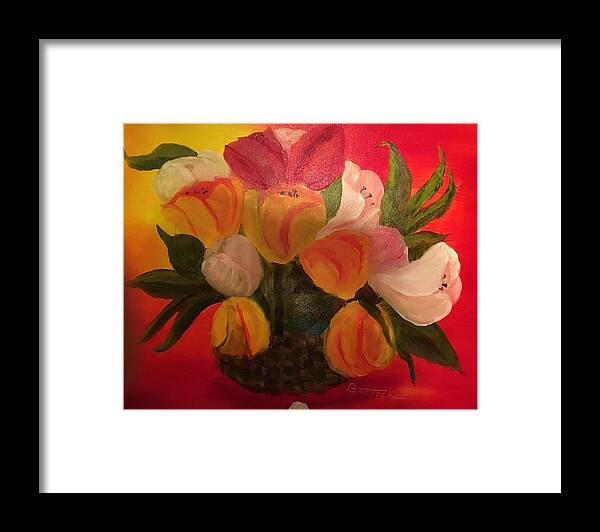 Basket Framed Print featuring the painting Basket of Tulips by David Bartsch