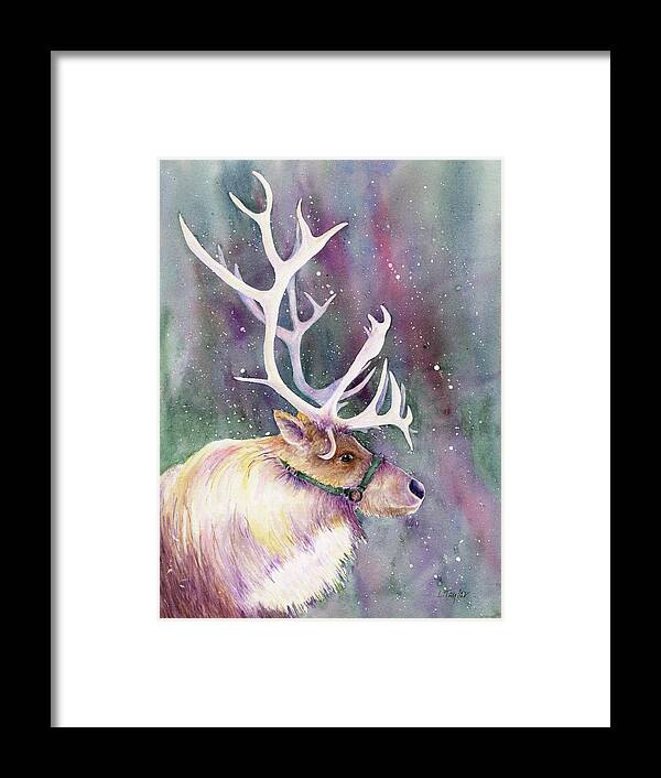 Reindeer Framed Print featuring the painting Basking in the Lights by Lori Taylor