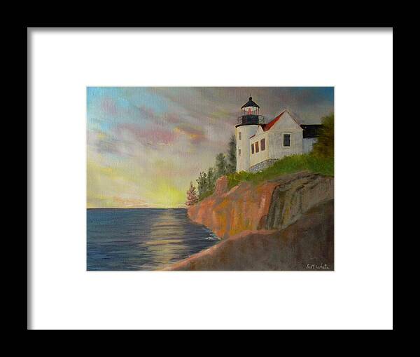 Beach Seascape Lighthouse Ocean Sunrise Rocks Sea Maine Harbor Landscape Artist Scott White Framed Print featuring the painting Bass Harbor Light by Scott W White