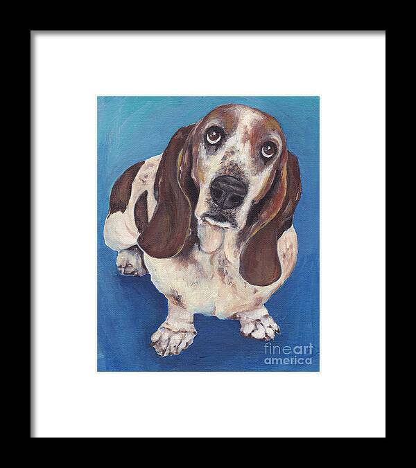 Basset Framed Print featuring the painting Basset Hound on Blue by Robin Wiesneth