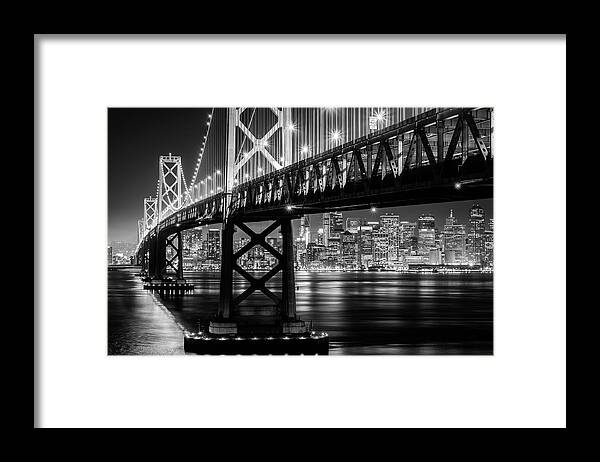 Bay Area Framed Print featuring the photograph Bay Bridge and San Francisco By Night 10 Monochrome by Jason Chu