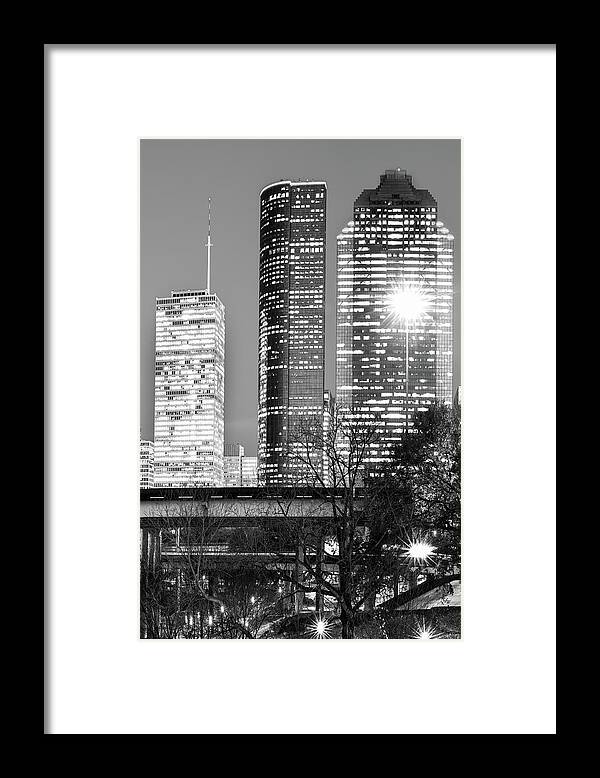 Downtown Houston Texas Framed Print featuring the photograph Bayou City in Black and White - Houston Vertical Skyline by Gregory Ballos