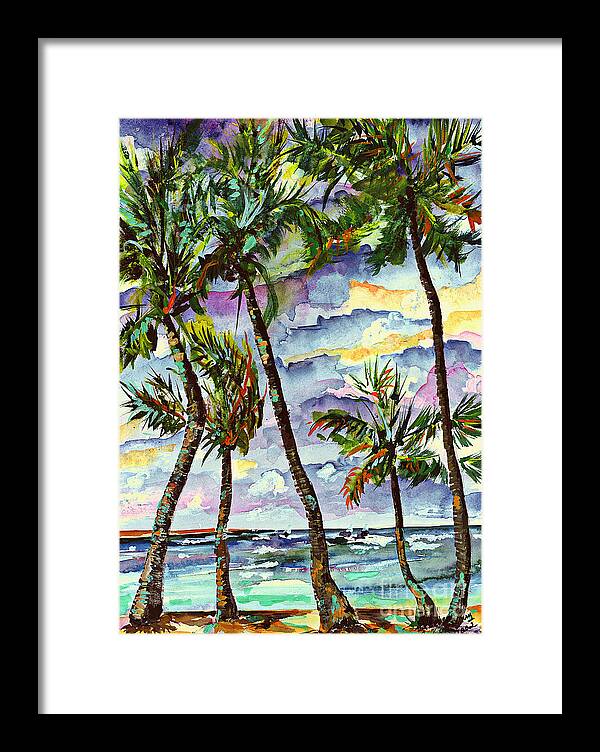 Bahamas Framed Print featuring the painting Beach and Palms Tropical Watercolor Painting by Ginette Callaway