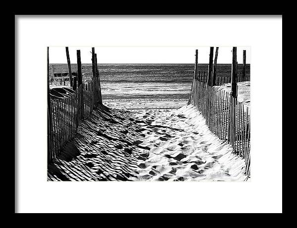 Beach Entry Framed Print featuring the photograph Beach Entry Black and White Long Beach Island by John Rizzuto