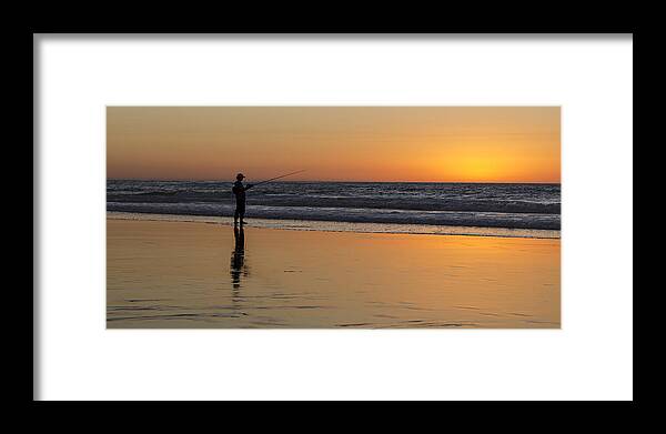 Outdoor Framed Print featuring the photograph Beach Fishing at Sunset by Ed Clark