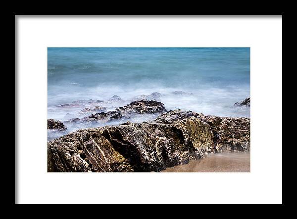 Surf Framed Print featuring the photograph Beach Rocks and Surf by Georgia Clare