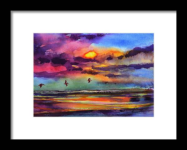 Abstract Framed Print featuring the painting Beach sunrise with Pelicans 7-10-17 by Julianne Felton