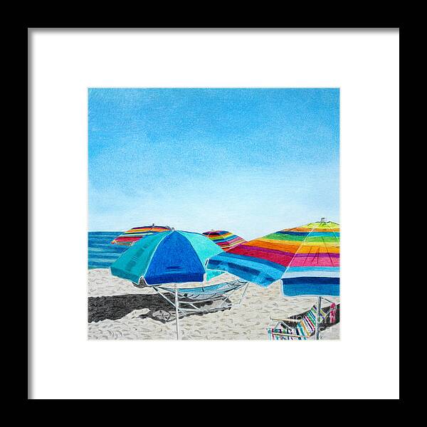 Beach Umbrella Framed Print featuring the drawing Beach Umbrellas by Glenda Zuckerman