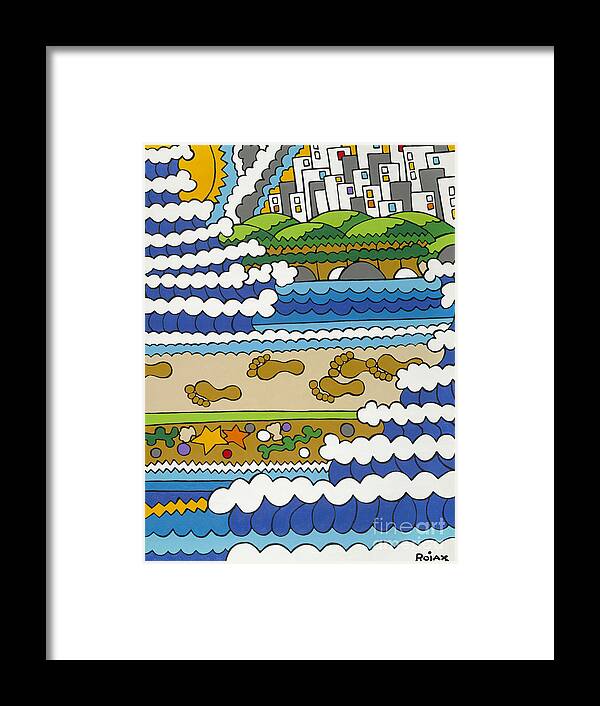 City Buildings Framed Print featuring the painting Beach Walk Foot Prints by Rojax Art