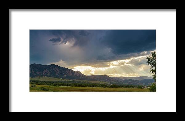 Panorama Framed Print featuring the photograph Beams Of Sunlight On Boulder Colorado Foothills by James BO Insogna