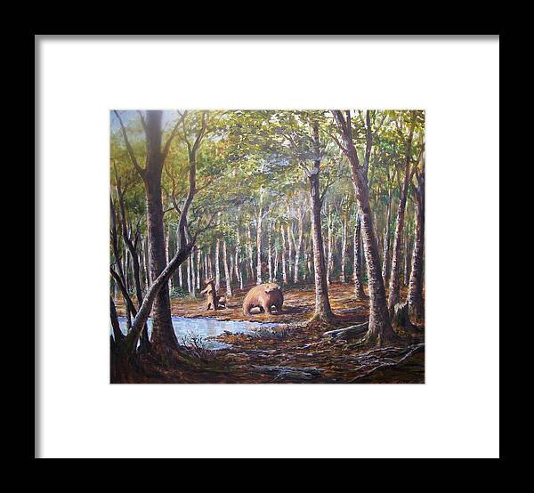 Animals Framed Print featuring the painting Bear and her cubs by Perry's Fine Art
