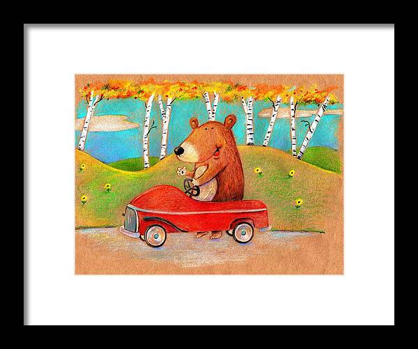 Bear Framed Print featuring the drawing Bear out for a drive by Scott Nelson