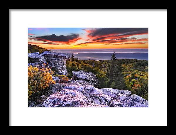 Landscape Nature Sunrise bear Rocks dolly Sods Wilderness Area west Virginia canaan Valley Clouds Autumn Fall Foliage Framed Print featuring the photograph Bear Rocks by Jeff Burcher