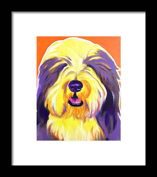 Bearded Collie Framed Print featuring the painting Bearded Collie - Banana by Dawg Painter