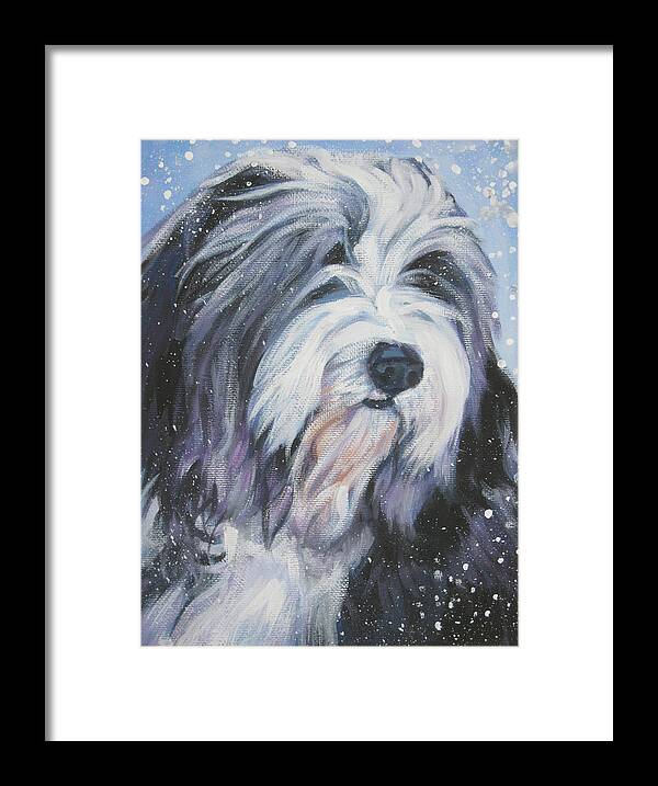 Bearded Collie Framed Print featuring the painting Bearded Collie in Snow by Lee Ann Shepard