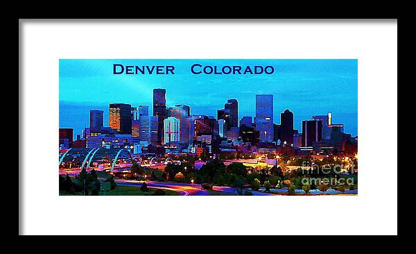 Beautiful Denver City At Night Framed Print featuring the painting Beautiful Denver City at Night by John Malone