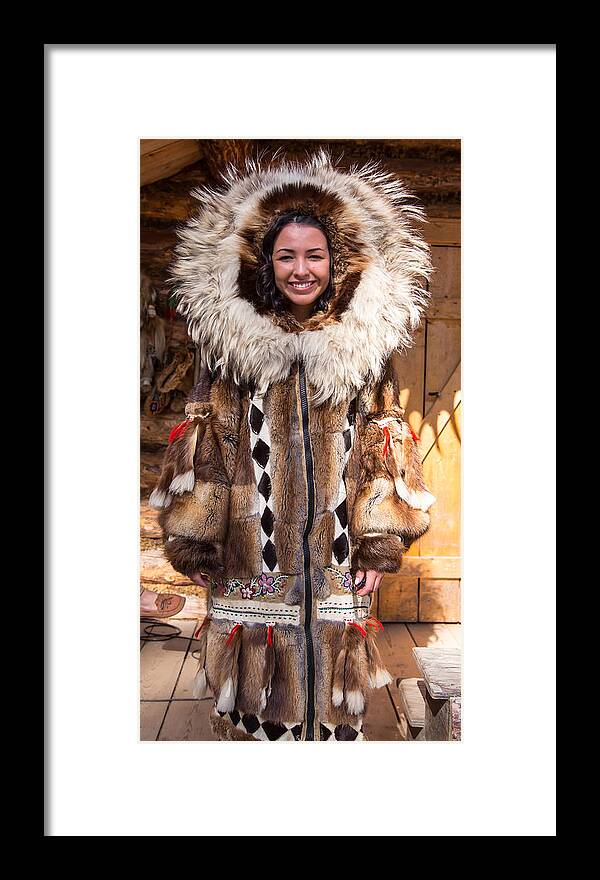 Fashion Framed Print featuring the photograph Beautiful Fashioned Coat with Wolverine hood. by Allan Levin