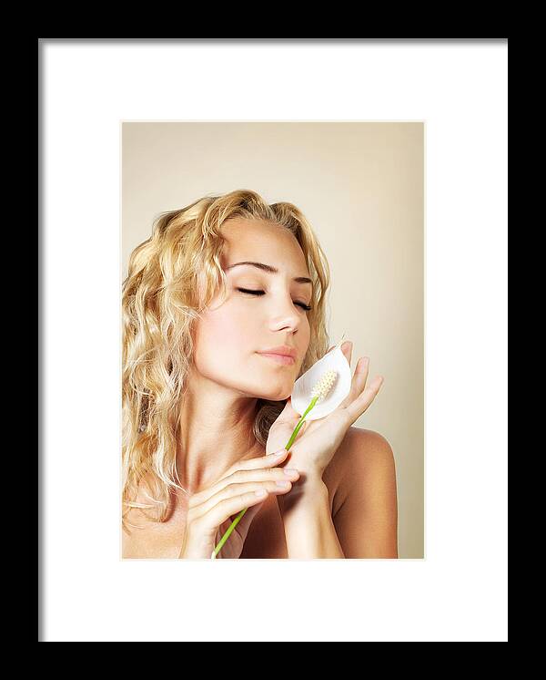 Adult Framed Print featuring the photograph Beautiful female holding calla flower by Anna Om