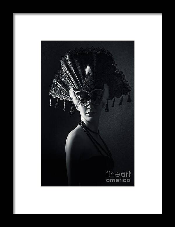 Fashion Framed Print featuring the photograph Beautiful Girl With Venetian Carnival Mask in Black and White by Dimitar Hristov