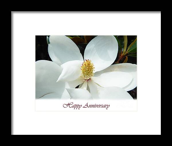 Hopelands Gardens Framed Print featuring the photograph Beautiful Magnolia Flower Happy Anniversary Card by Amy Dundon