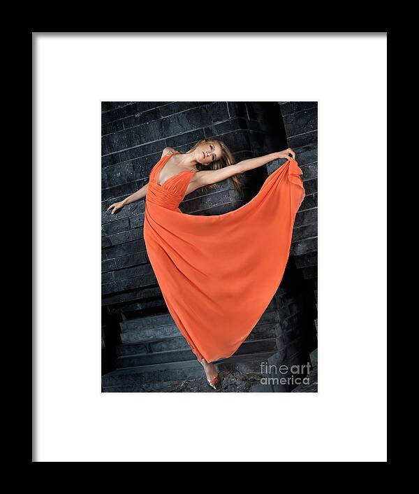 Woman Framed Print featuring the photograph Beautiful Woman in Orange Dress by Maxim Images Exquisite Prints