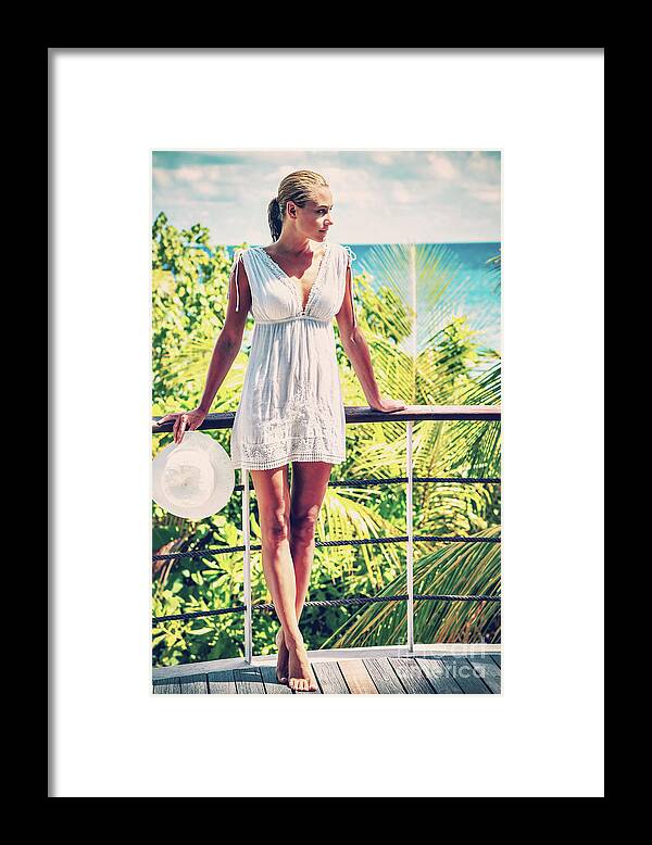 Attractive Framed Print featuring the photograph Beautiful woman in the beach house by Anna Om