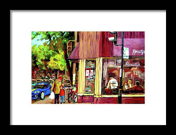 Beautys Luncheonette Montreal Diner Framed Print featuring the painting Beautys Luncheonette Montreal Diner by Carole Spandau