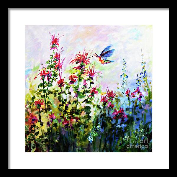 Hummingbird Framed Print featuring the painting Bee balm and Hummingbird in Garden by Ginette Callaway