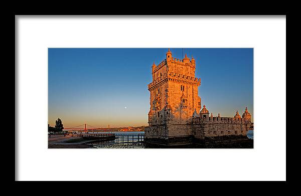 Lisbon Framed Print featuring the photograph Belem Tower and the moon by Mark Rogers