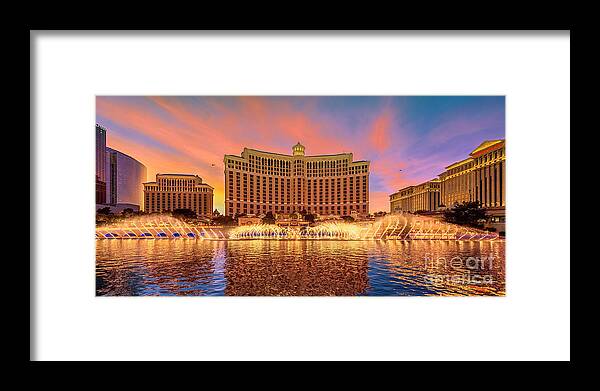 Bellagio Framed Print featuring the photograph Bellagio Fountains Warm Sunset 2 to 1 Ratio by Aloha Art