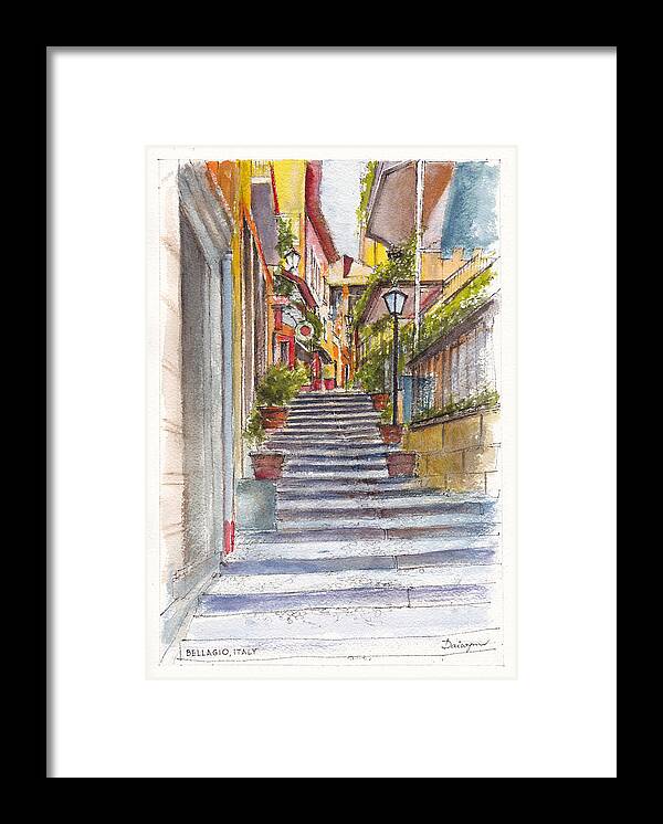 Streetscape Framed Print featuring the painting Bellagio Street Aquarelle by Dai Wynn