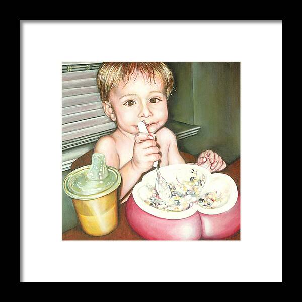 Bem Eating A Bowl Of Blueberry Cobbler. Framed Print featuring the painting Ben and Blueberries by Leo Malboeuf