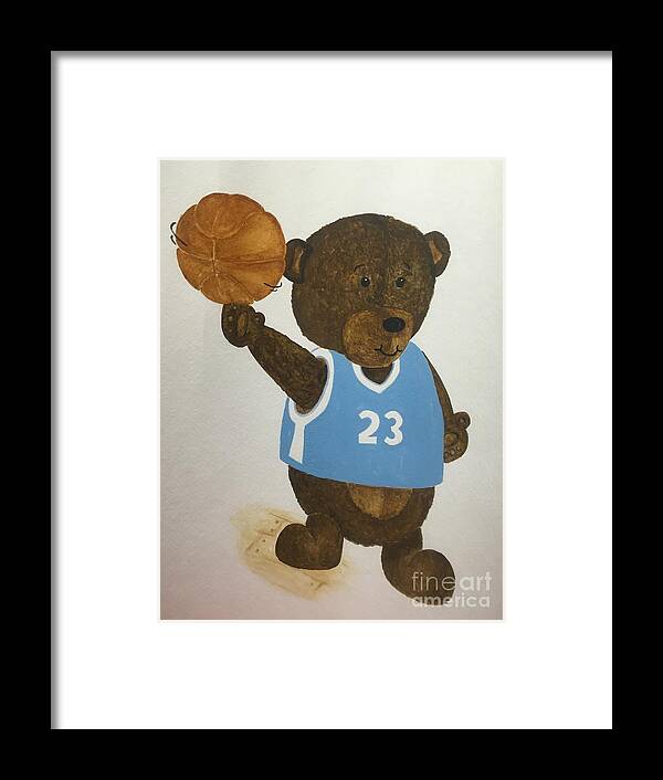 Kids Framed Print featuring the painting Benny bear basketball by Tamir Barkan