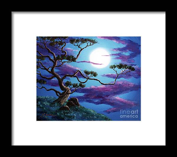 Zenbreeze Framed Print featuring the painting Bent Pine Tree at Moonrise by Laura Iverson
