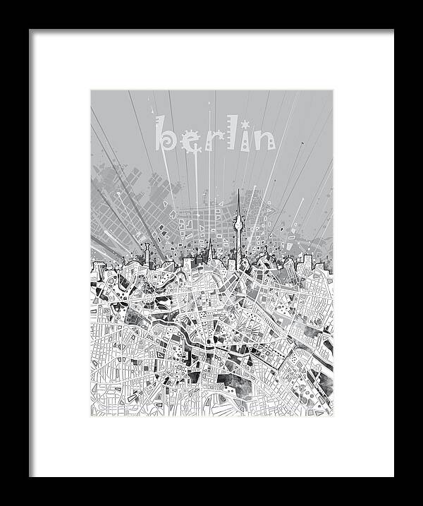 Berlin Framed Print featuring the digital art Berlin City Skyline Map 2 by Bekim M