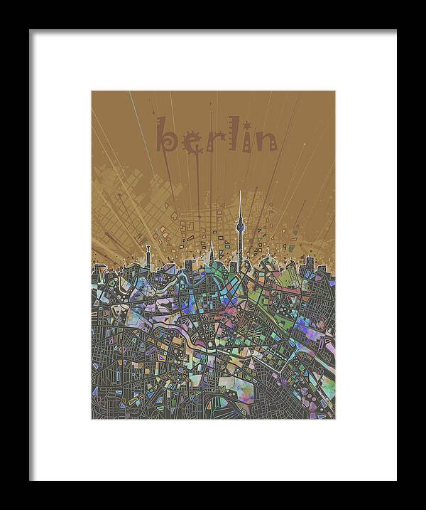 Berlin Framed Print featuring the digital art Berlin City Skyline Map 4 by Bekim M