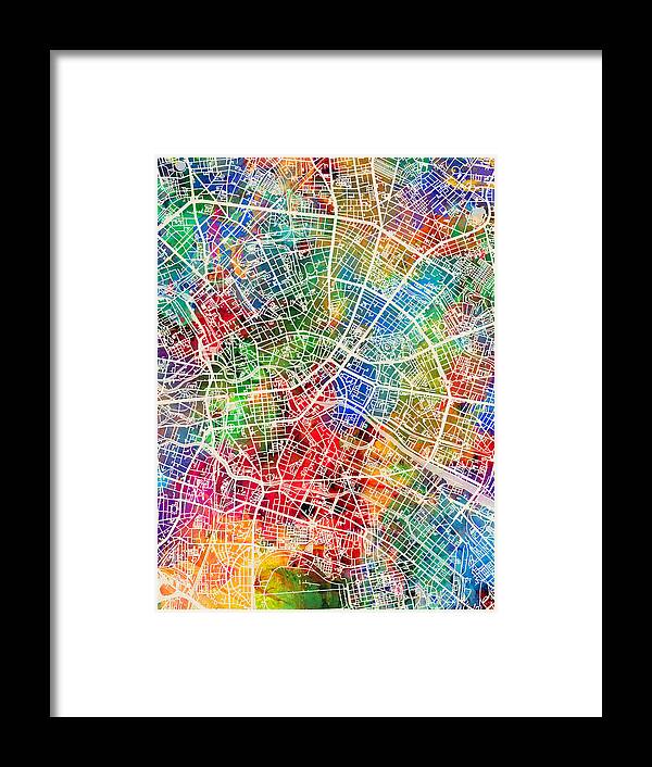 Berlin Framed Print featuring the digital art Berlin Germany City Map by Michael Tompsett
