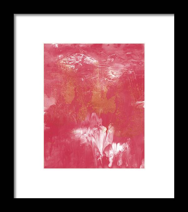Abstract Contemporary Modern Color Field Berry Pink Rose White Gold Home Decorairbnb Decorliving Room Artbedroom Artcorporate Artset Designgallery Wallart By Linda Woodsart For Interior Designersbook Coverpillowtotehospitality Arthotel Artpottery Barn Artcrate And Barrel Artwest Elm Artikea Art Framed Print featuring the painting Berry and Gold- Abstract Art by Linda Woods by Linda Woods