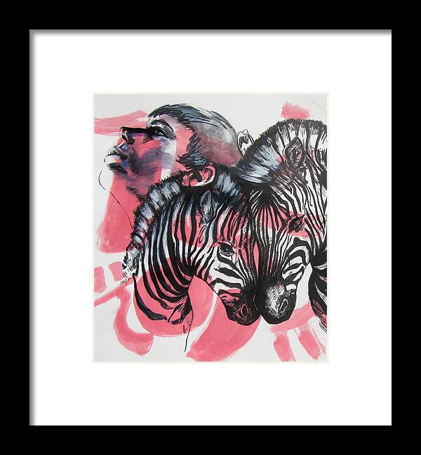 Striped Zebra Framed Print featuring the painting Between Stripes by Rene Capone