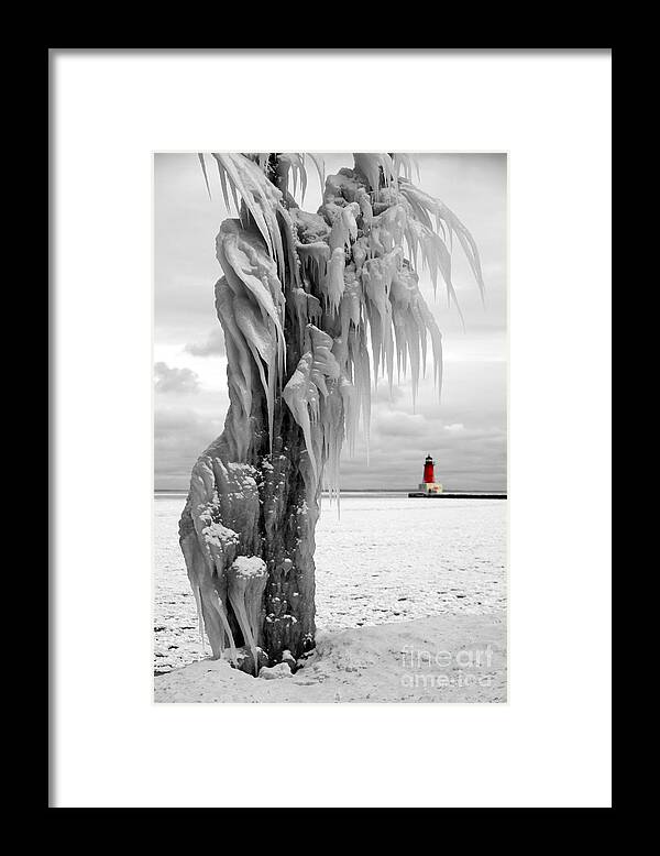 Lighthouse Ann Arbor Park Framed Print featuring the photograph Beyond the Ice Reaper's Grasp - Menominee North Pier Lighthouse by Mark J Seefeldt