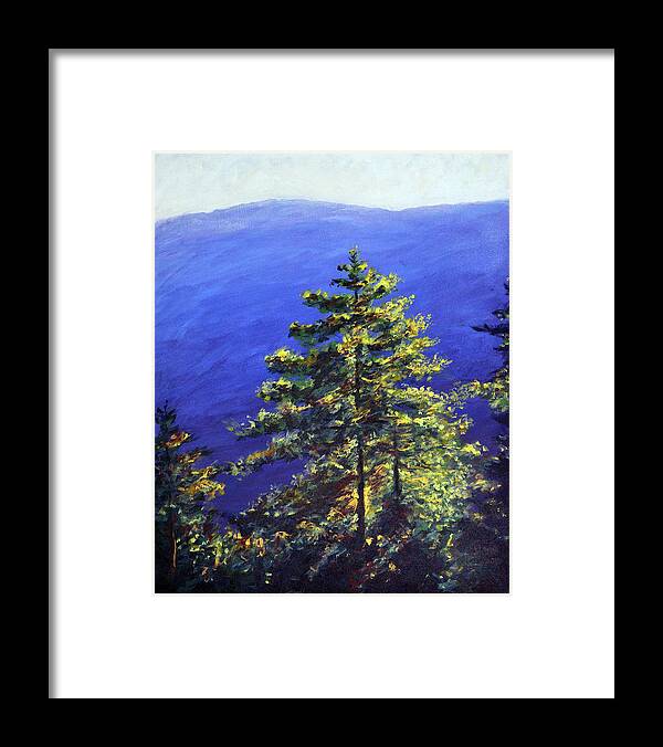 Pine Trees Framed Print featuring the painting Bhutan series - Pine trees and blue mountains by Uma Krishnamoorthy