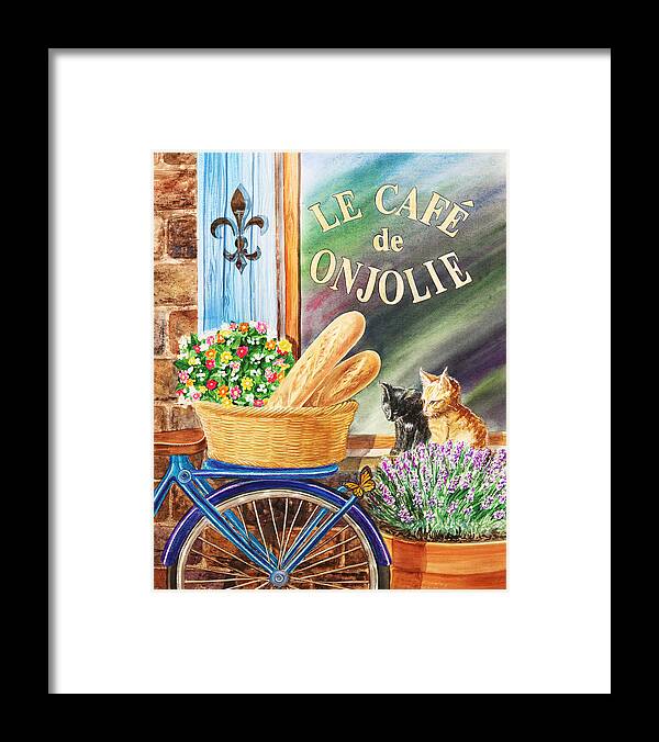 Window Framed Print featuring the painting Bicycle With Basket At The Cafe Window by Irina Sztukowski
