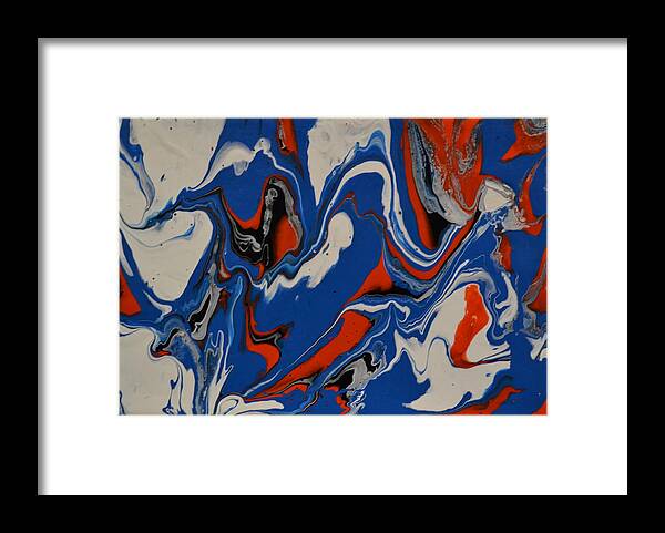 A Abstract Painting Of Large Blue Waves With White Tips. The Waves Are Picking Up Red And Black Sand From The Beach. Some Of The Blue Waves Are Curling Over. Framed Print featuring the painting Big Blue Waves by Martin Schmidt