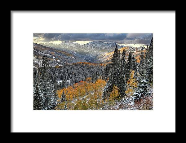 Utah Framed Print featuring the photograph Big Cottonwood Canyon Early Snow and Fall Color by Brett Pelletier