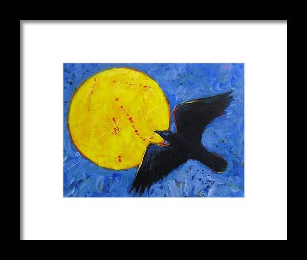 Raven Framed Print featuring the painting Big Full Moon and Raven by Carol Suzanne Niebuhr